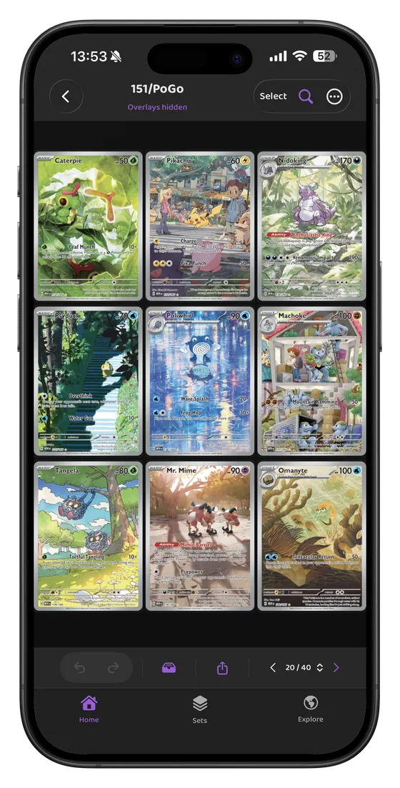 tcgpages iPhone app showing a virtual binder