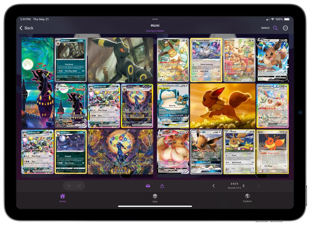 tcgpages iPad app showing binder planning